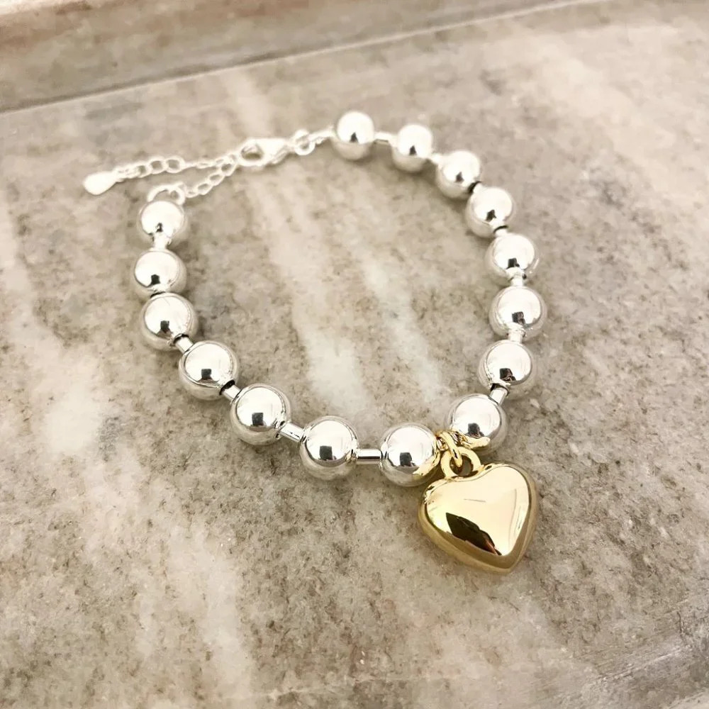 925 Sterling Silver Bead Bracelet Two Tone Chunky Heart Bracelet Dangle Heart - Picture 2 of 3